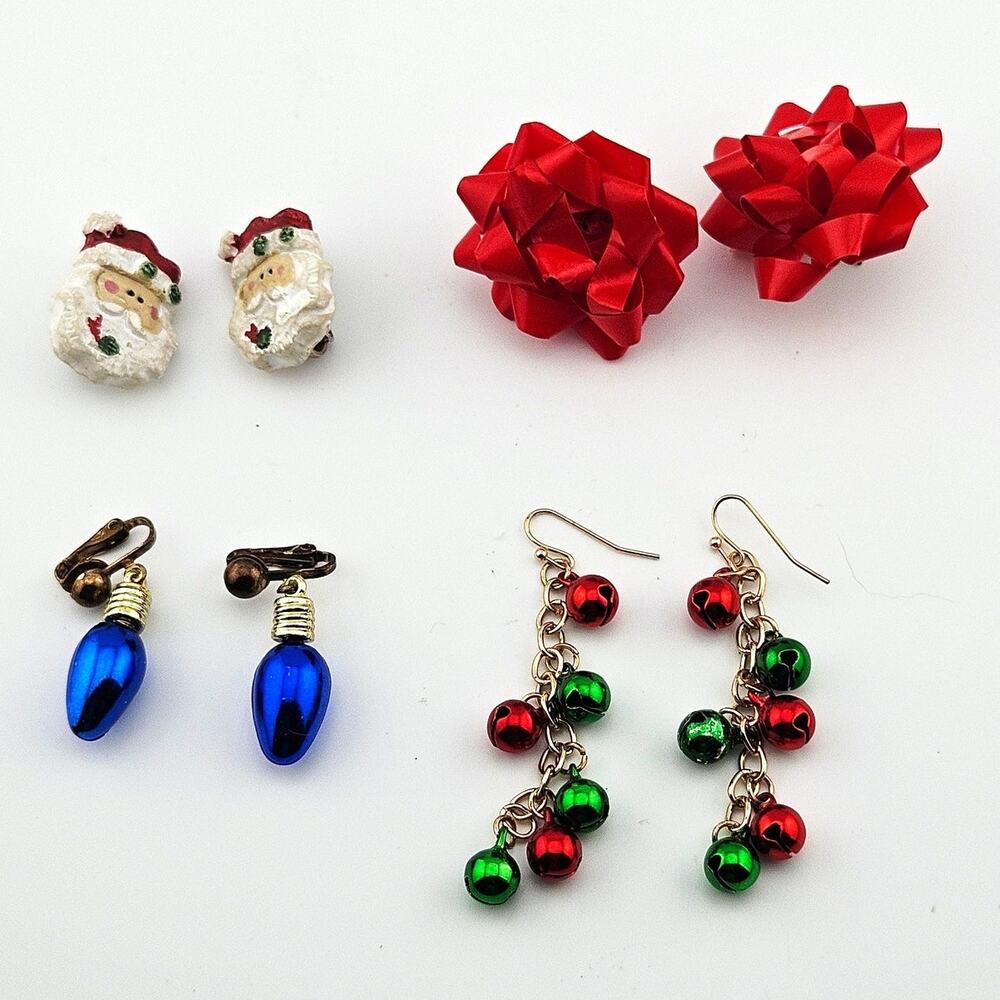 Assorted Christmas Earrings Bundle Of 4 Santa Bows Holiday Lights Variety Pack